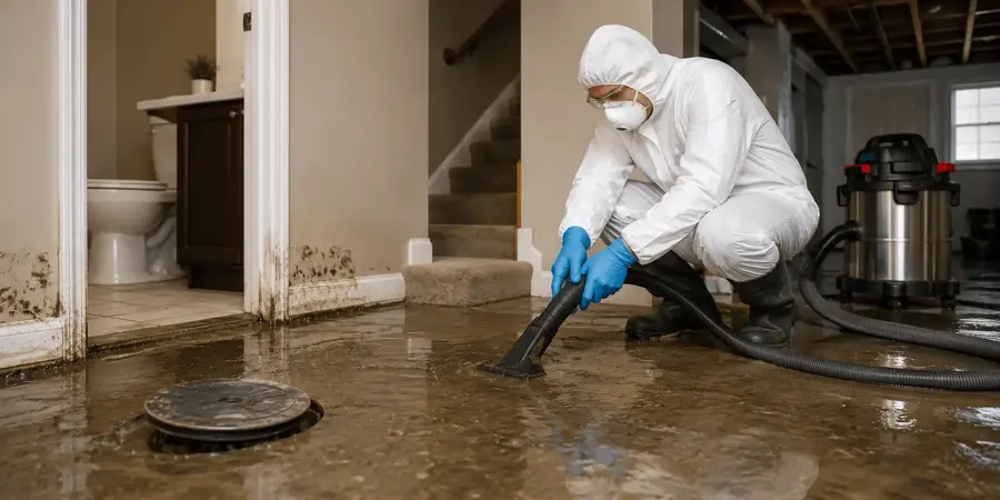 A technician in protective gear cleaning up after a water loss