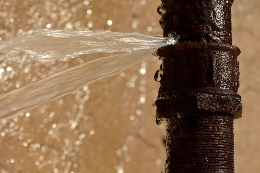 A burst copper pipe spraying water in a Converse, TX home